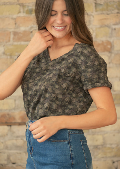 Green Floral V Neck Top FF Tops