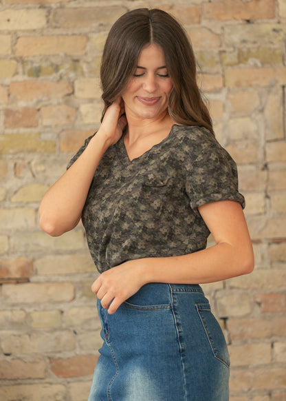 Green Floral V Neck Top FF Tops