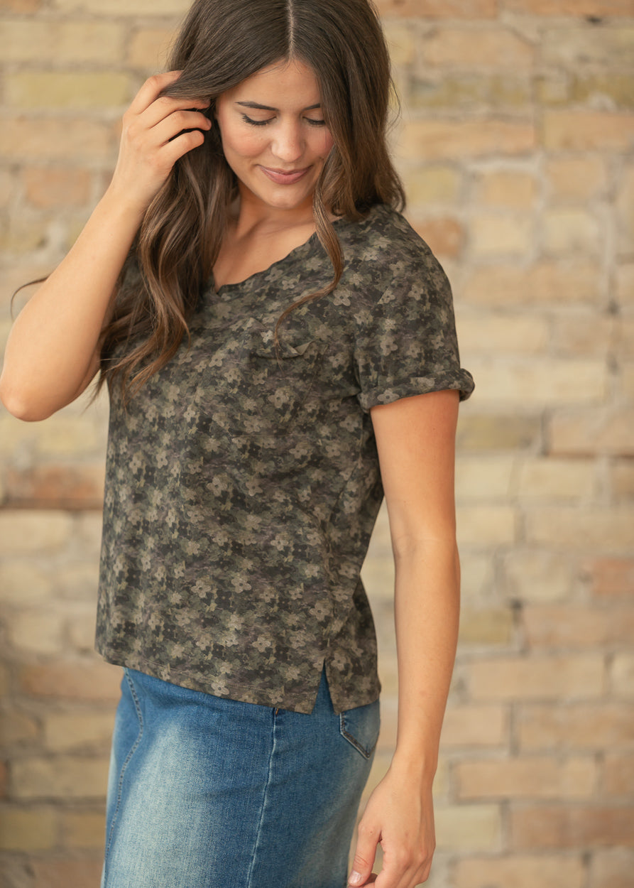 Green Floral V Neck Top FF Tops