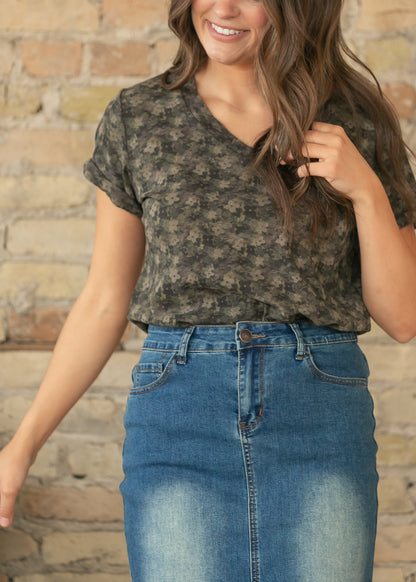 Green Floral V Neck Top FF Tops