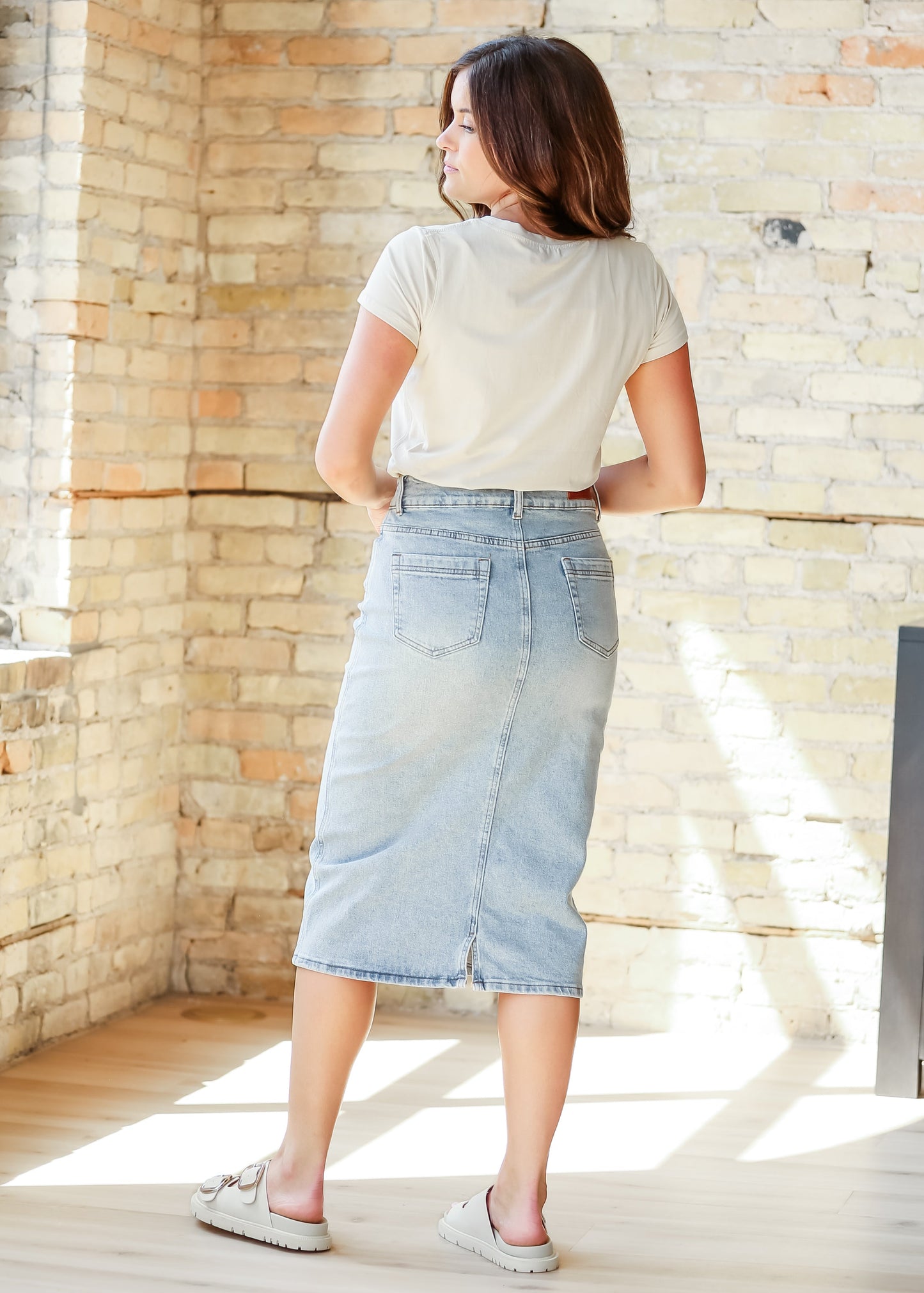Greta Light Wash Midi Denim Skirt IC Skirts