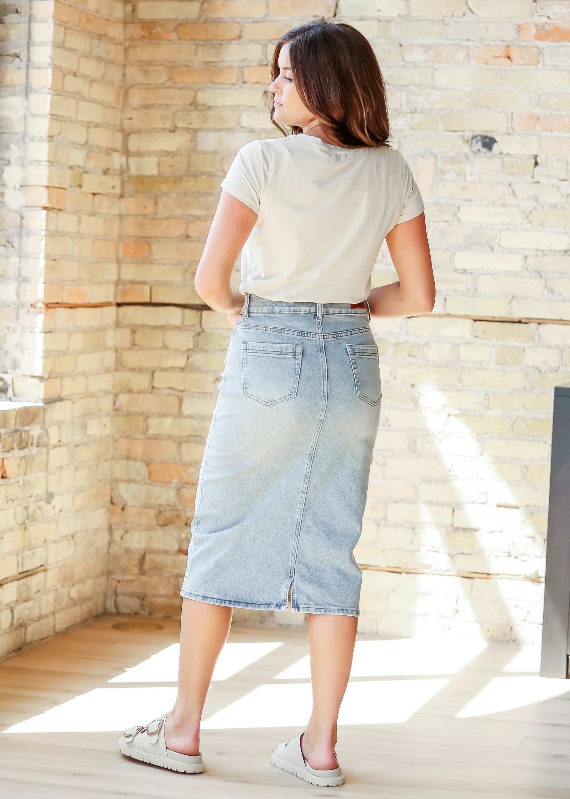 Greta Light Wash Midi Denim Skirt IC Skirts