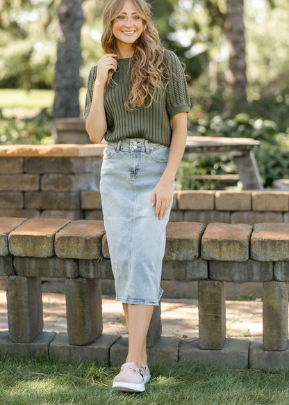 Greta Light Wash Midi Denim Skirt IC Skirts