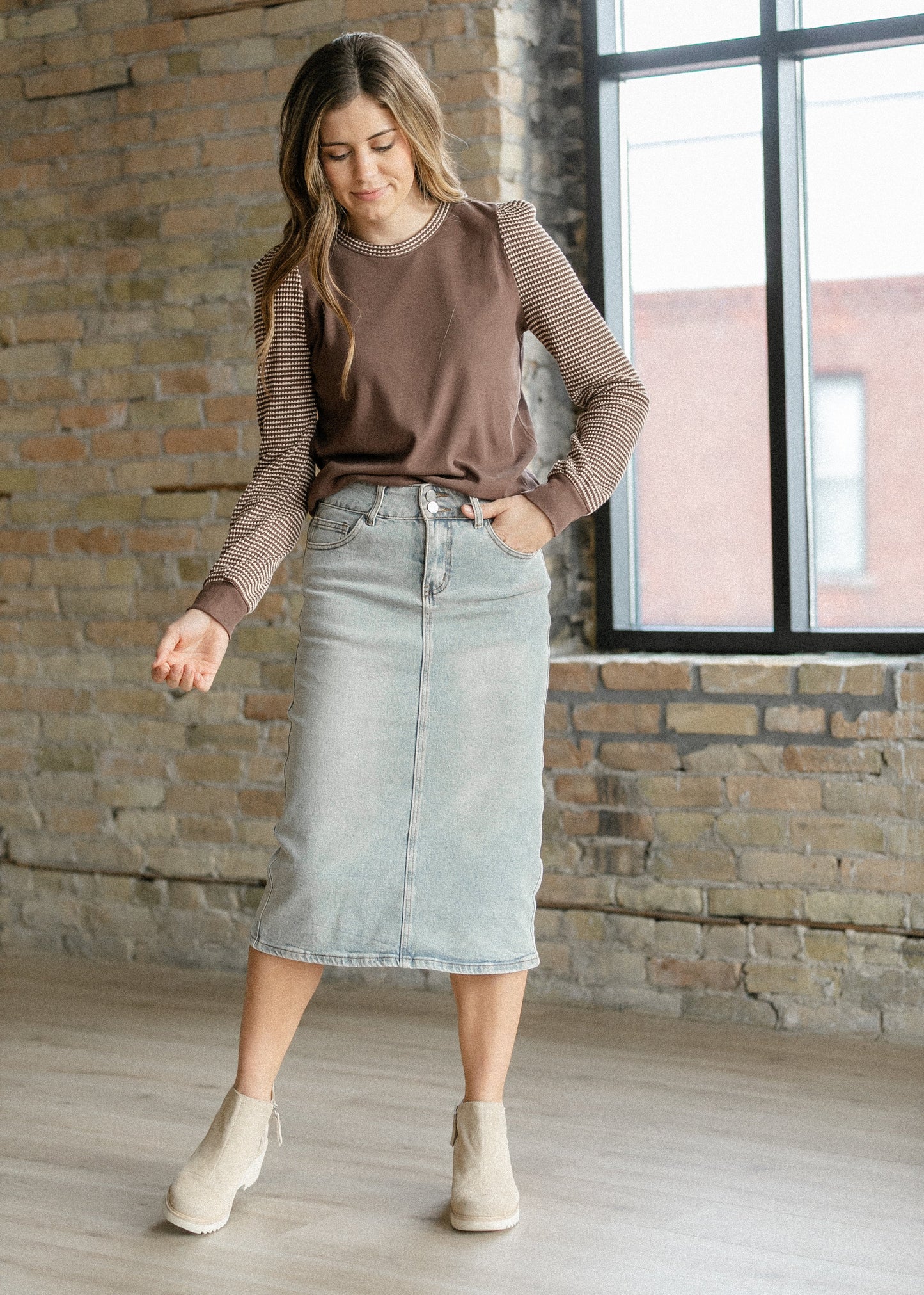 Greta Light Wash Midi Denim Skirt IC Skirts