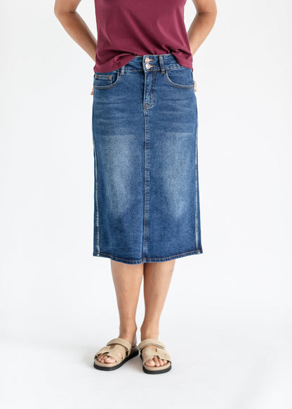 Greta Medium Wash Midi Denim Skirt IC Skirts