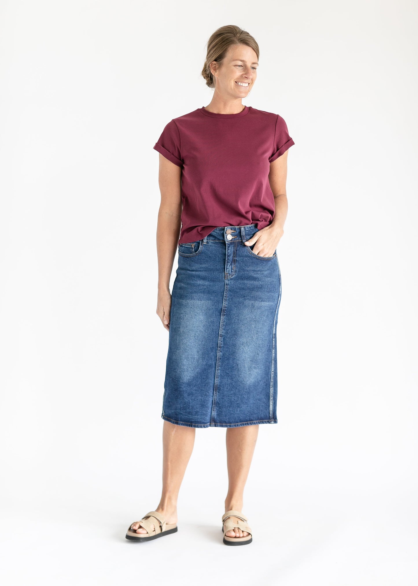 Greta Medium Wash Midi Denim Skirt IC Skirts