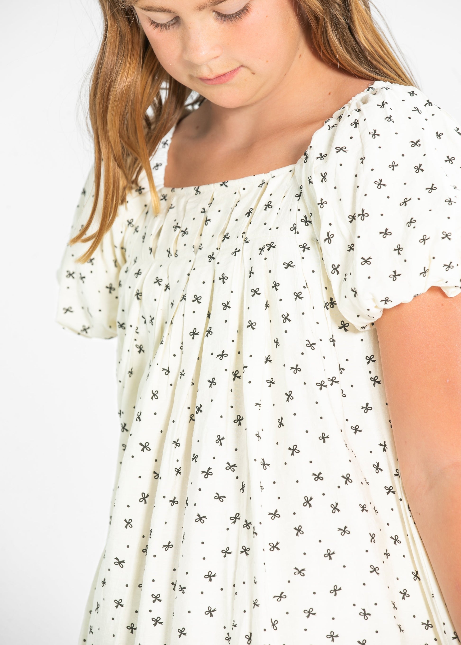 Gril's Ditsey Bow Print Box Pleated Puff Sleeve Dress FF Girls