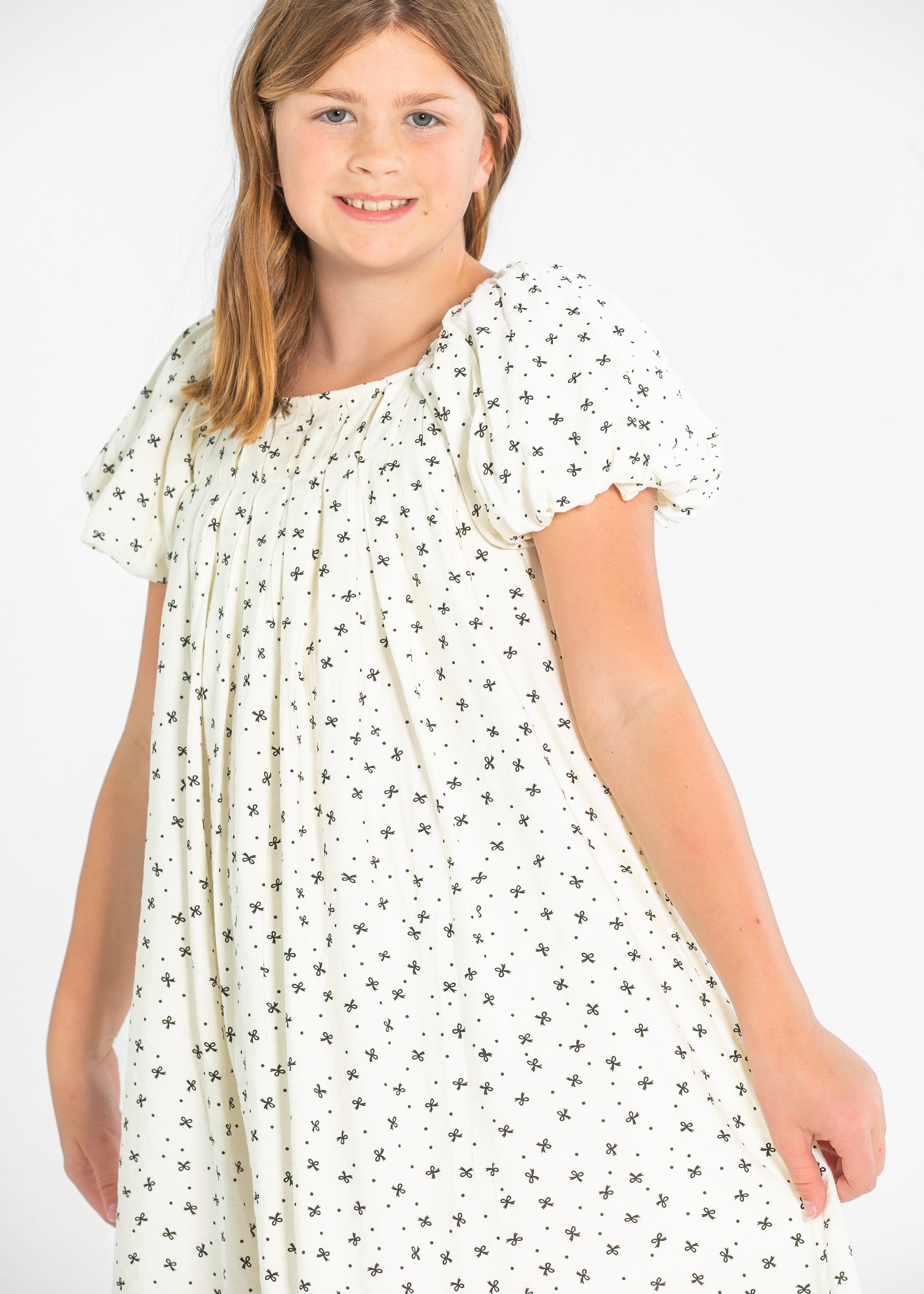 Gril's Ditsey Bow Print Box Pleated Puff Sleeve Dress FF Girls