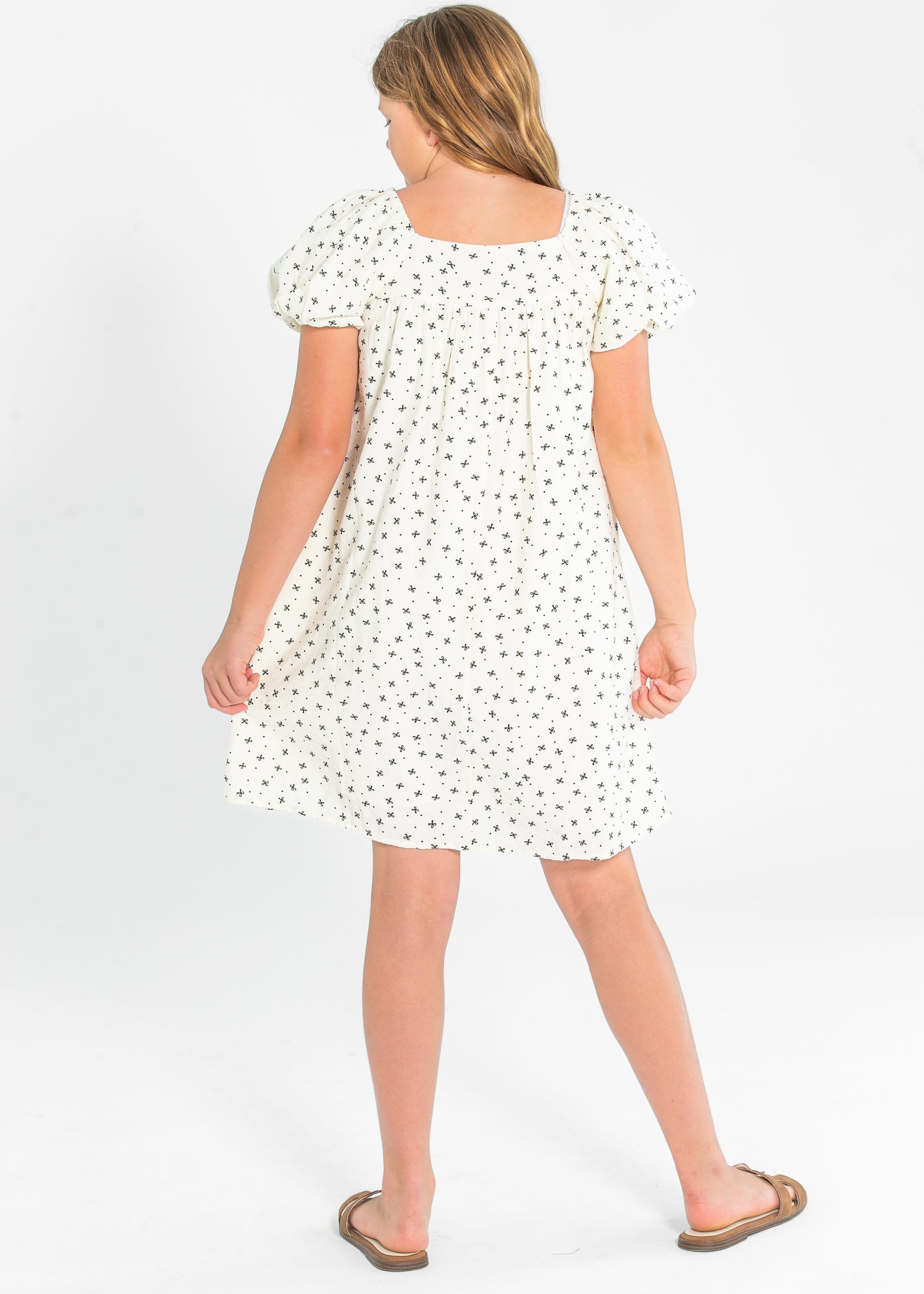 Gril's Ditsey Bow Print Box Pleated Puff Sleeve Dress FF Girls