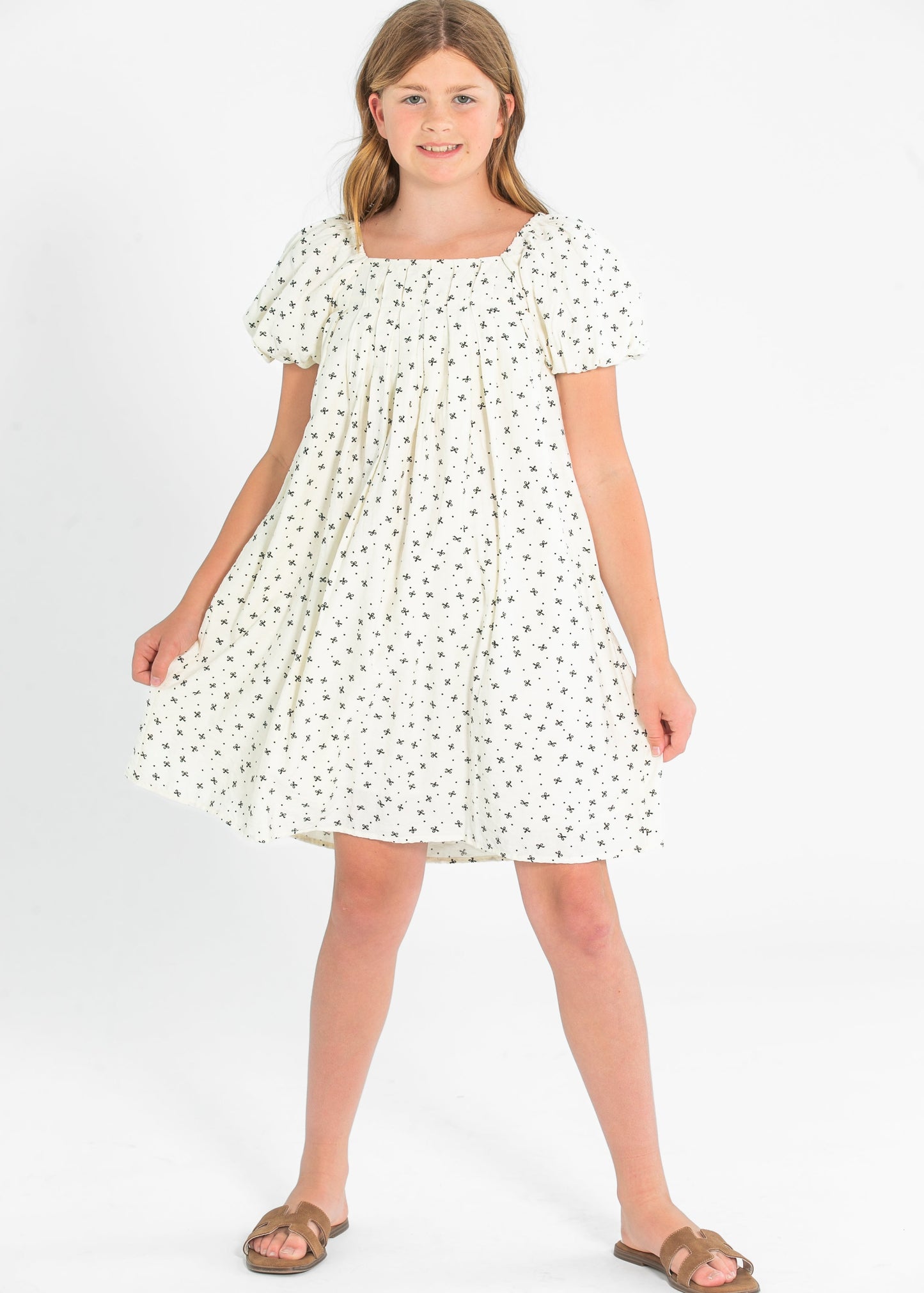 Gril's Ditsey Bow Print Box Pleated Puff Sleeve Dress FF Girls