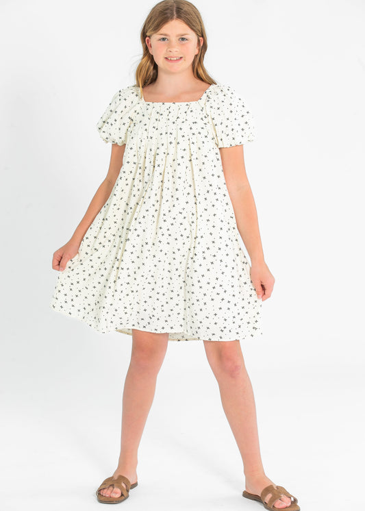 Gril's Ditsey Bow Print Box Pleated Puff Sleeve Dress FF Girls