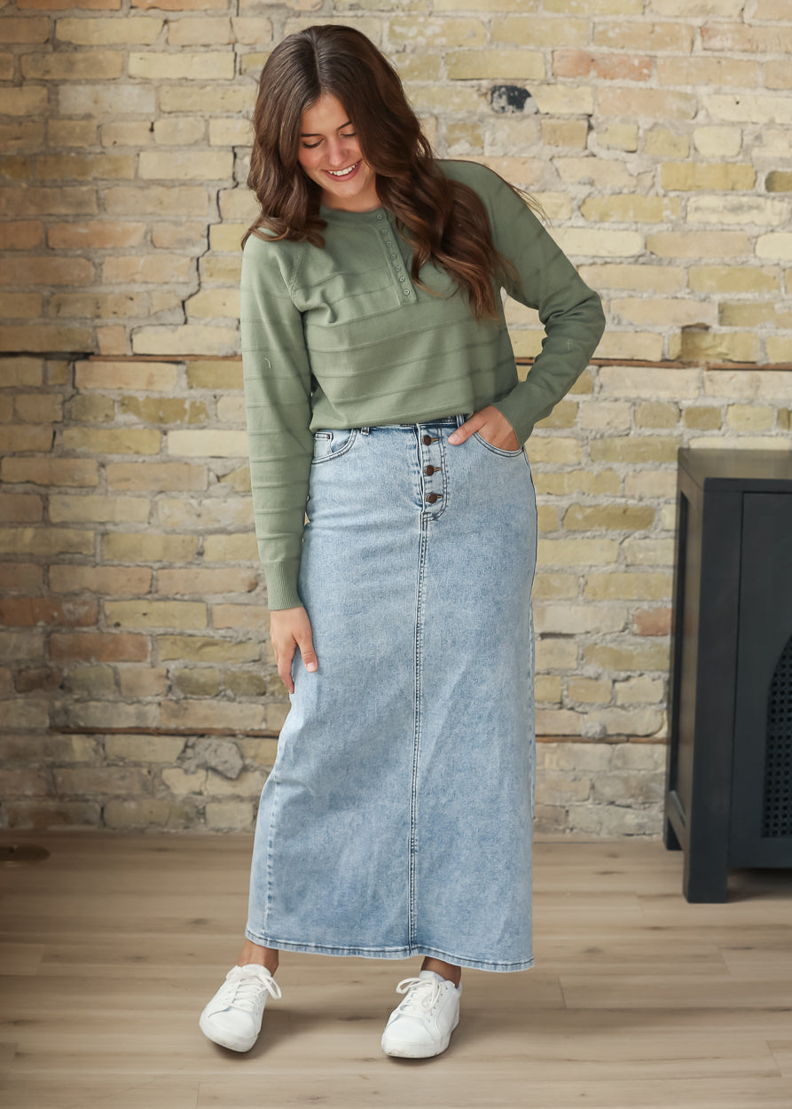 Half Button Striped Raglan Top FF Tops