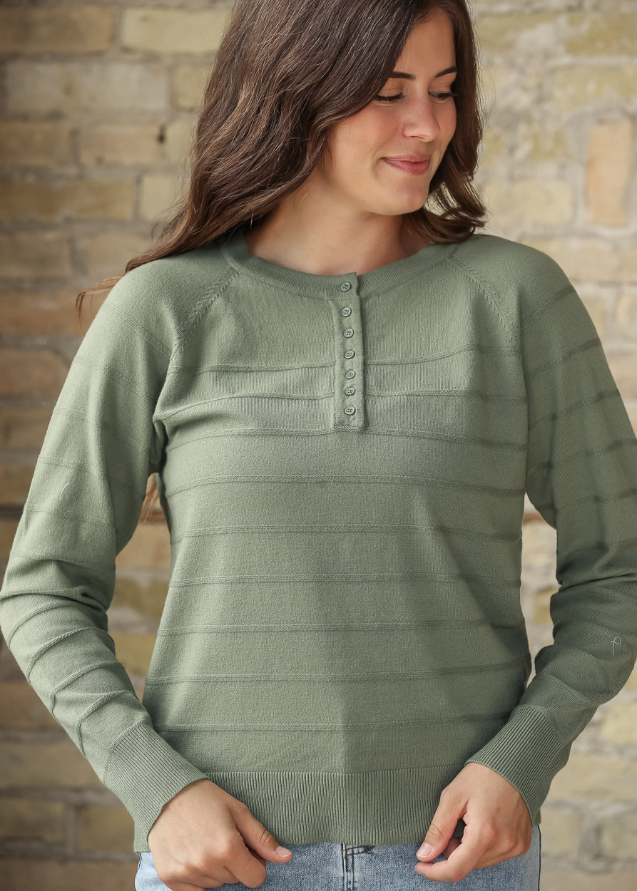 Half Button Striped Raglan Top FF Tops