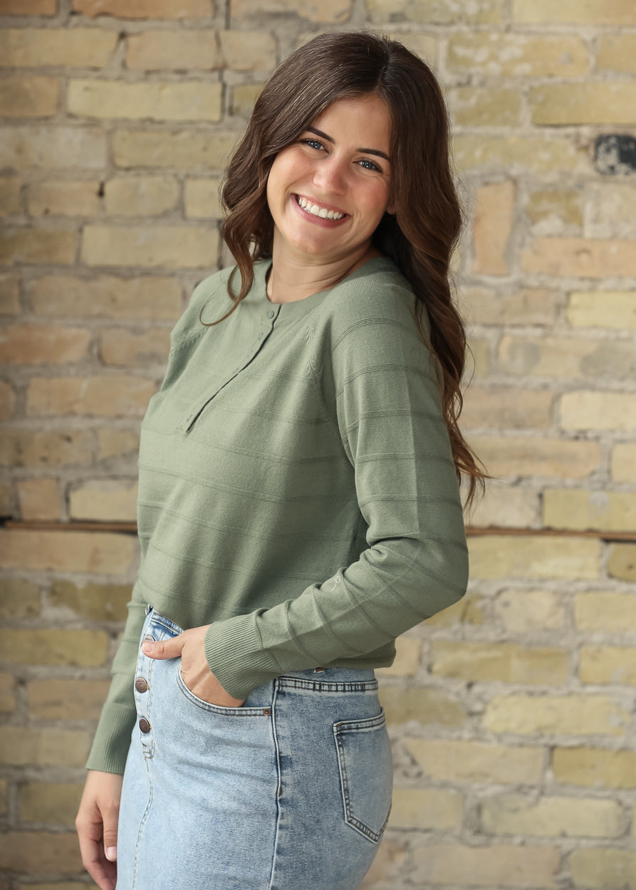 Half Button Striped Raglan Top FF Tops
