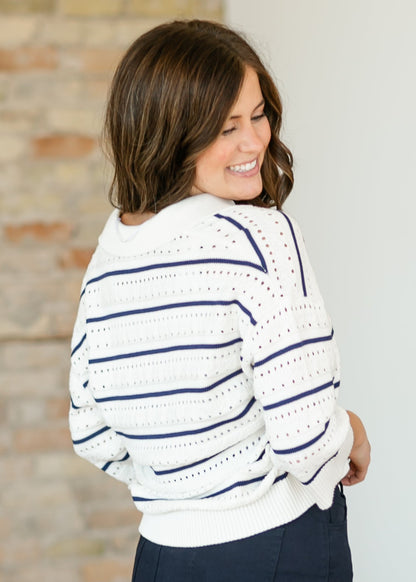 Halia Blue Stripe Knit Polo Top FF Tops