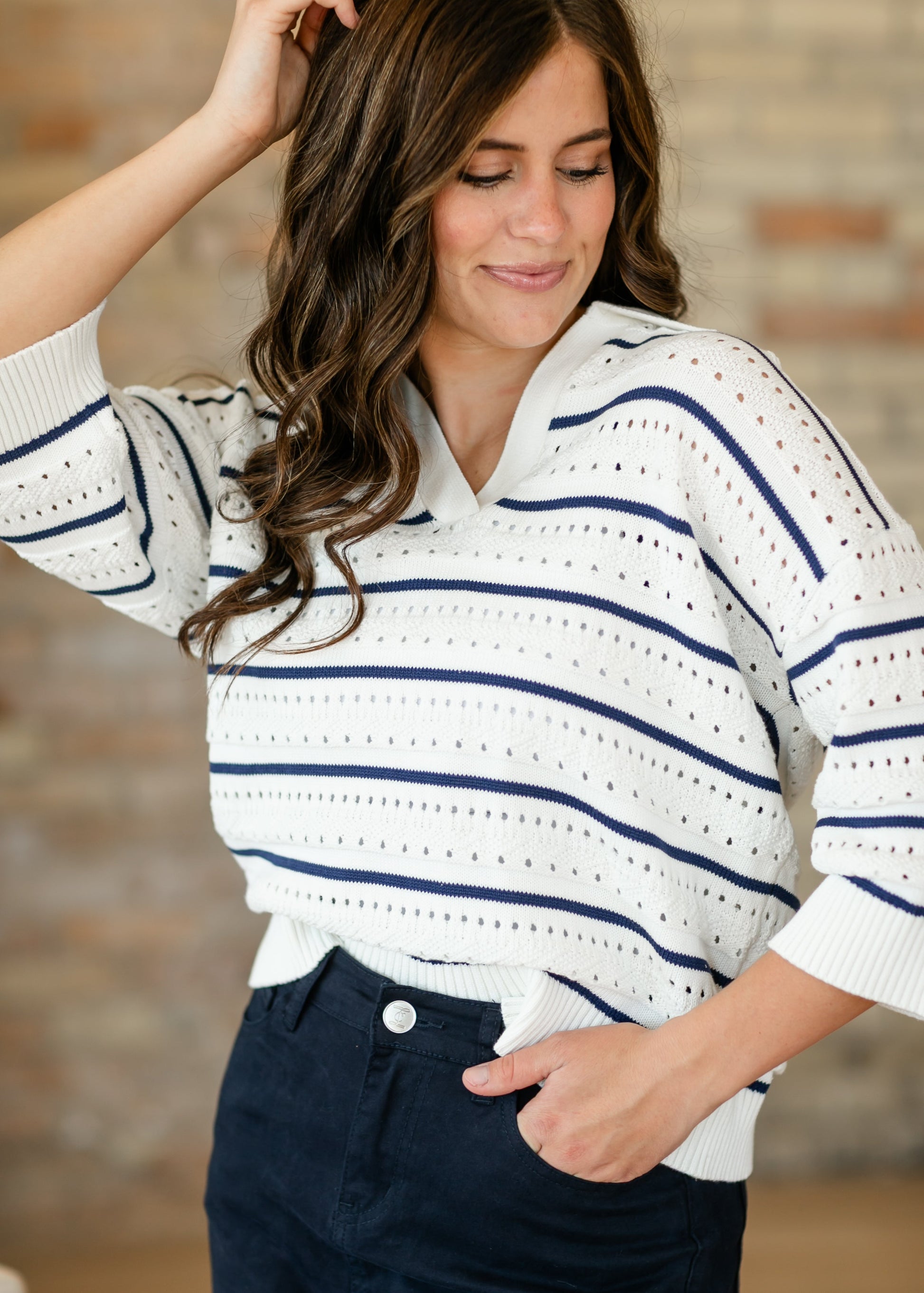 Halia Blue Stripe Knit Polo Top FF Tops