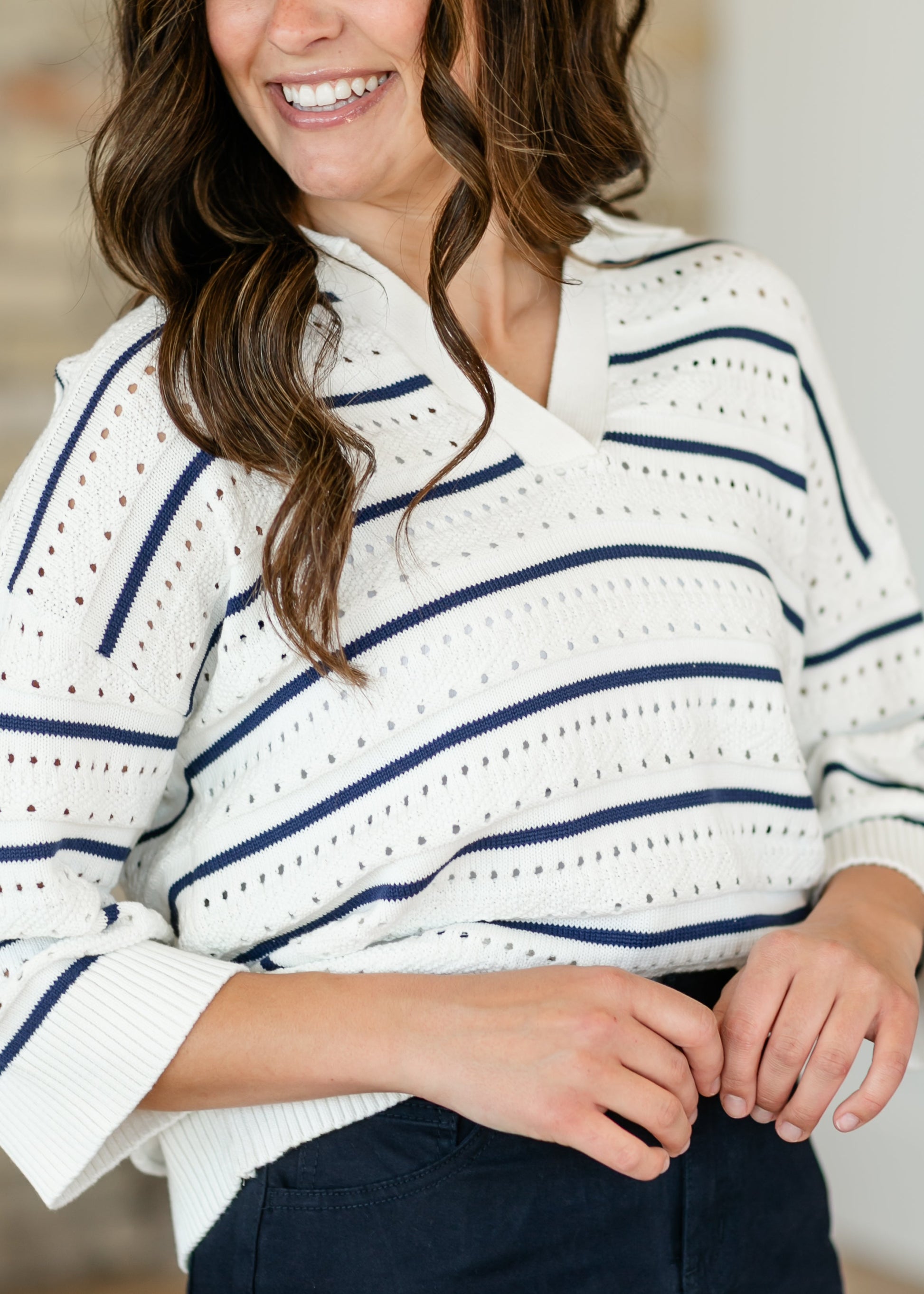 Halia Blue Stripe Knit Polo Top FF Tops