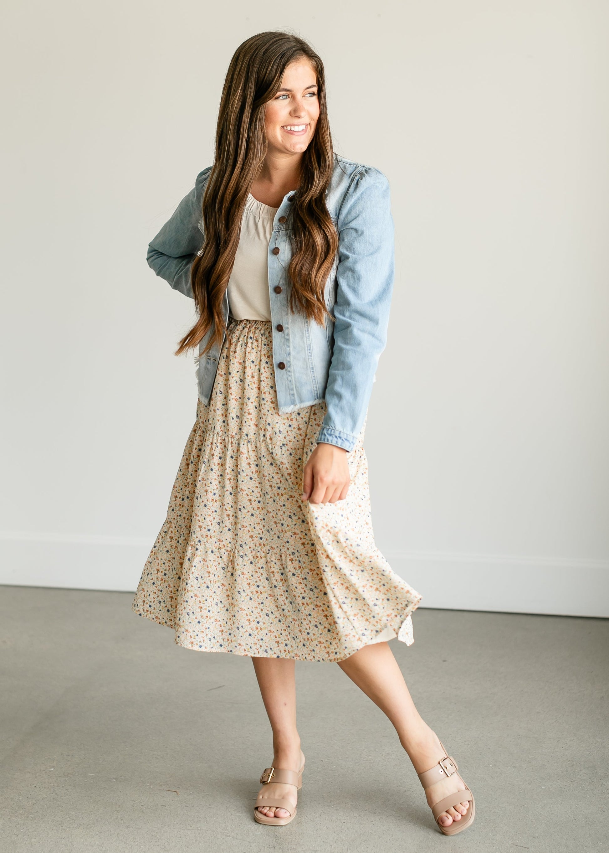 Harlow Floral Tiered Midi Skirt IC Skirts Cream Floral / XS