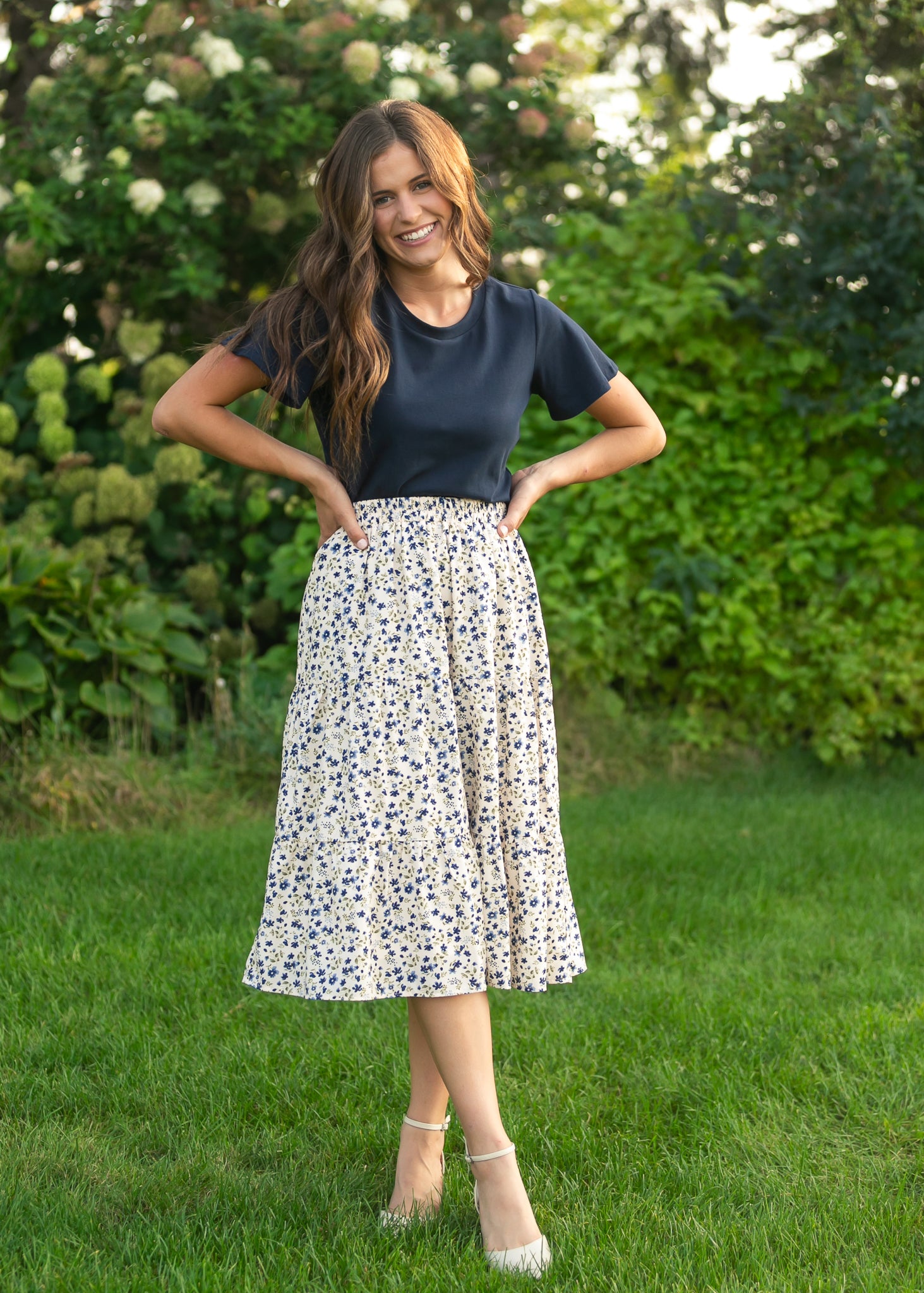 midi skirt dress Harlow Tiered Blue Floral Midi Skirt, Small