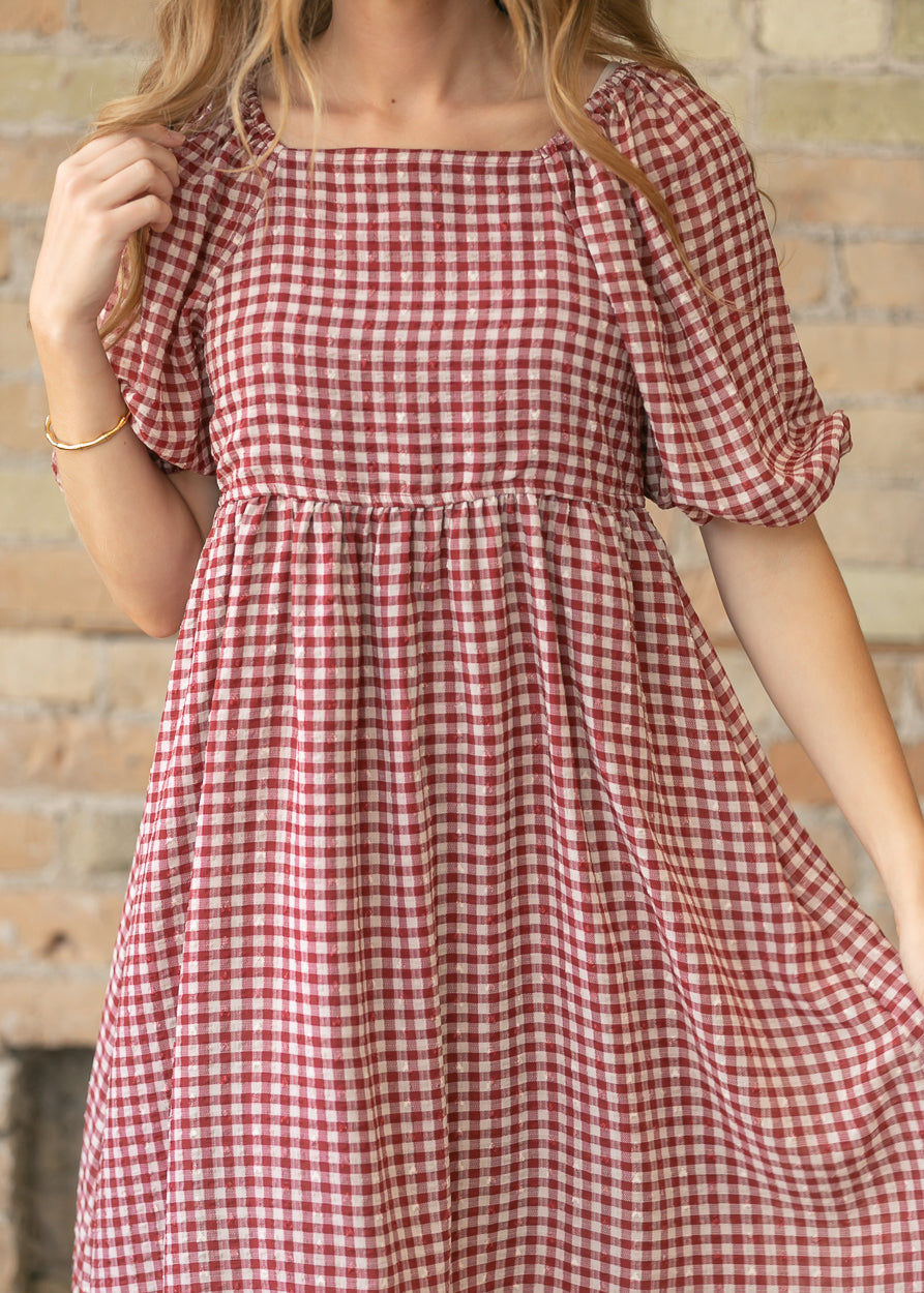 Hayes Red Gingham Puff Sleeve Midi Dress FF Dresses