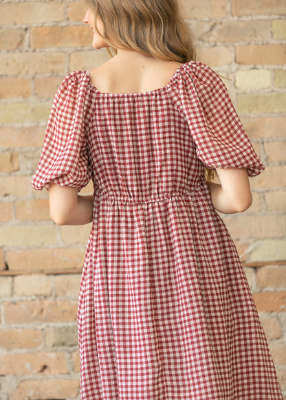 Hayes Red Gingham Puff Sleeve Midi Dress FF Dresses