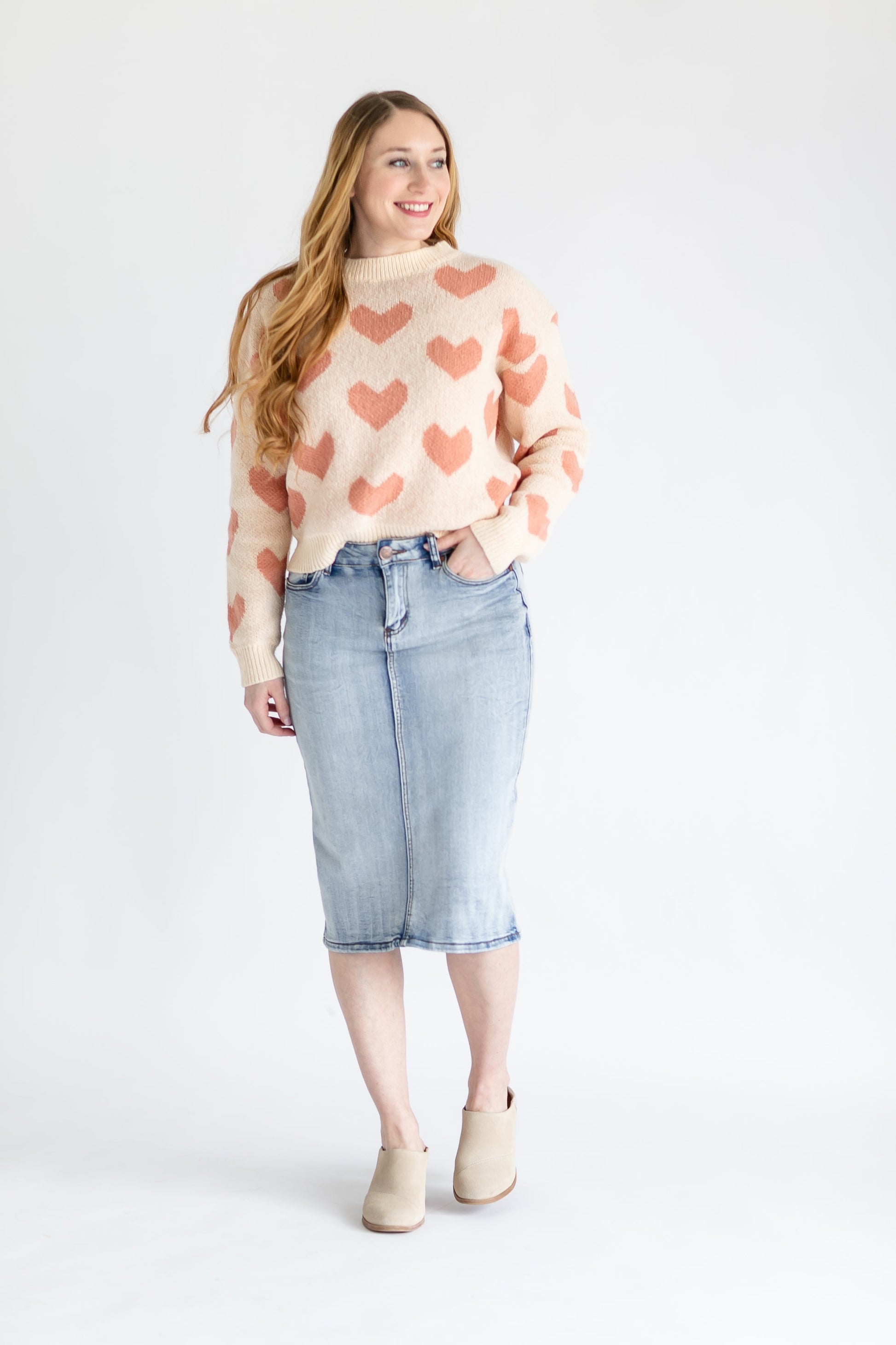 Heart Print Crewneck Sweater FF Tops