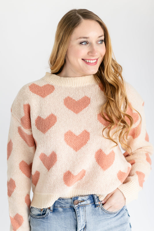 Heart Print Crewneck Sweater FF Tops