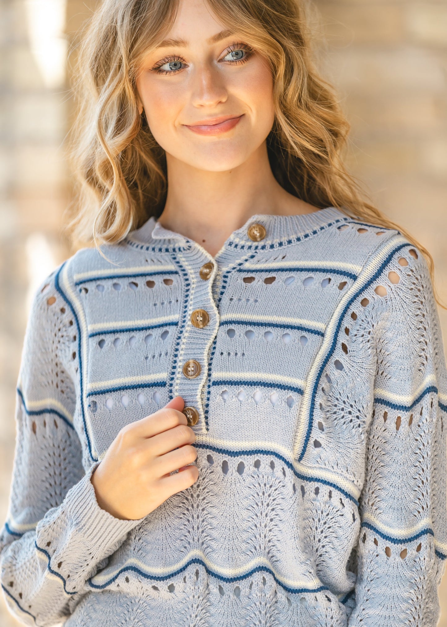Heartloom® Elora Blue Quarter Button Sweater FF Tops
