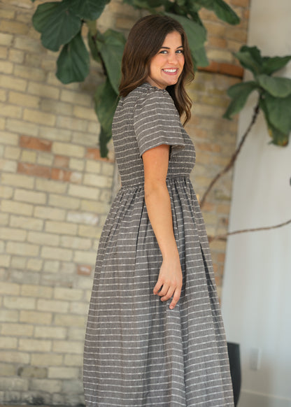 Heather Gray Striped Smocked Midi Dress FF Dresses