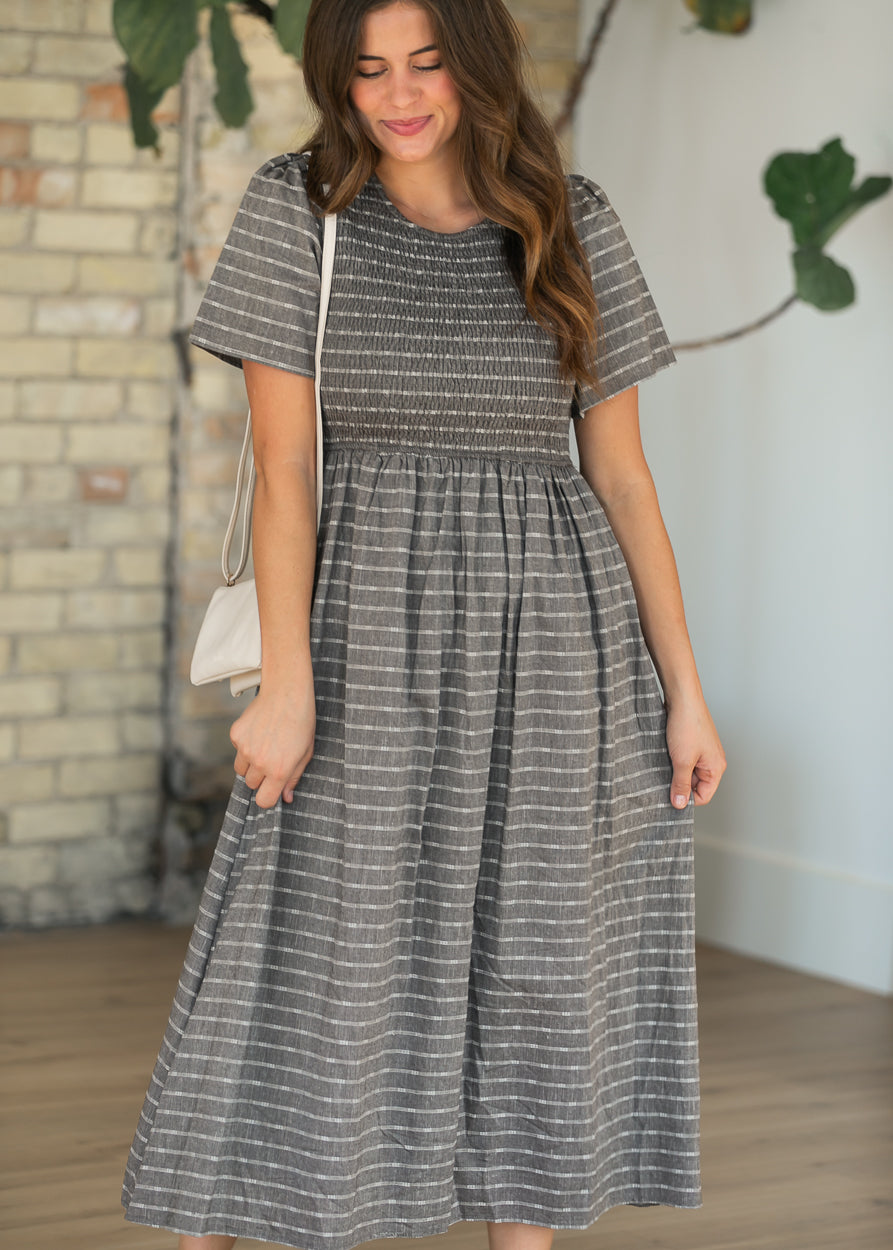 Heather Gray Striped Smocked Midi Dress FF Dresses