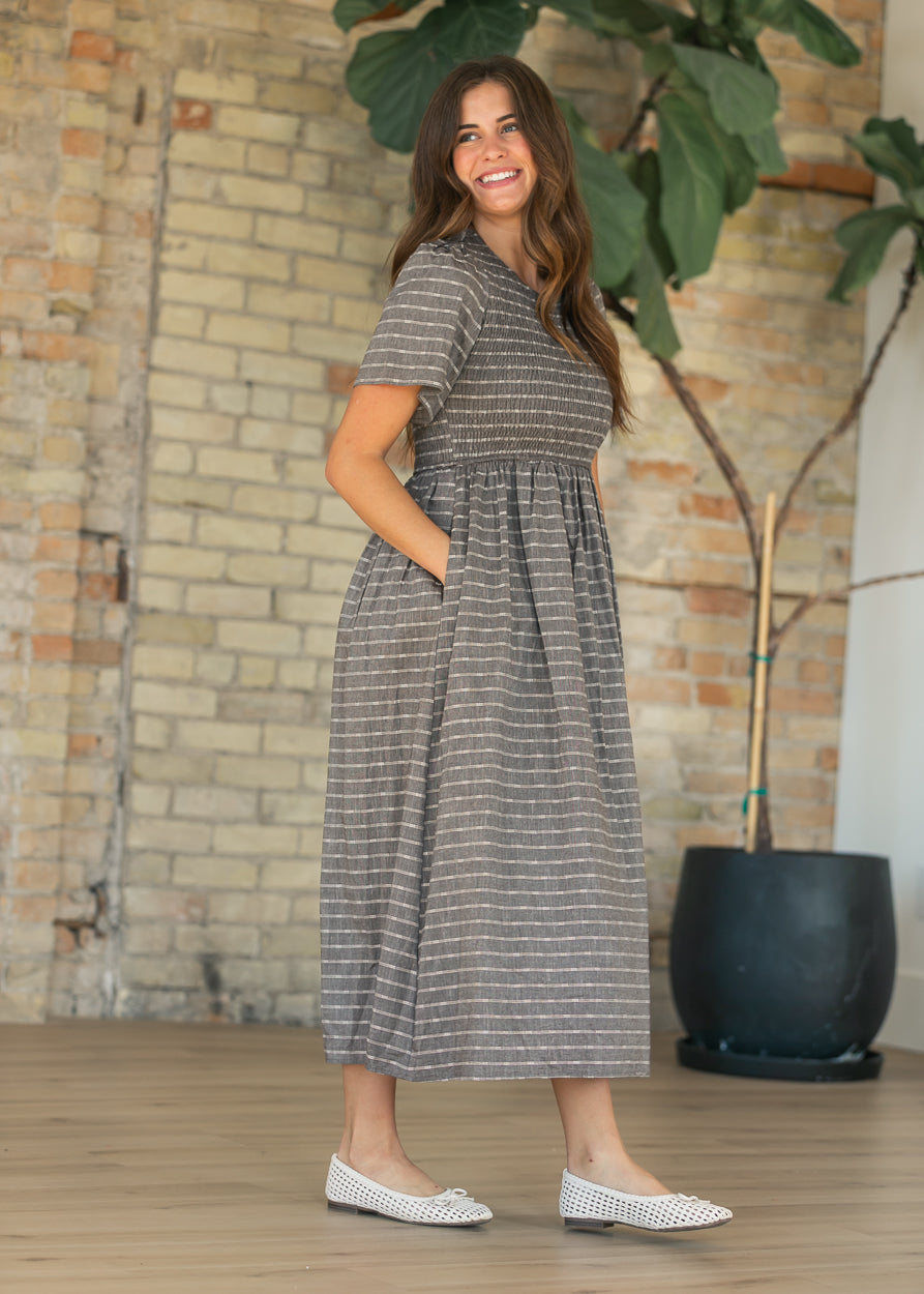 Heather Gray Striped Smocked Midi Dress FF Dresses