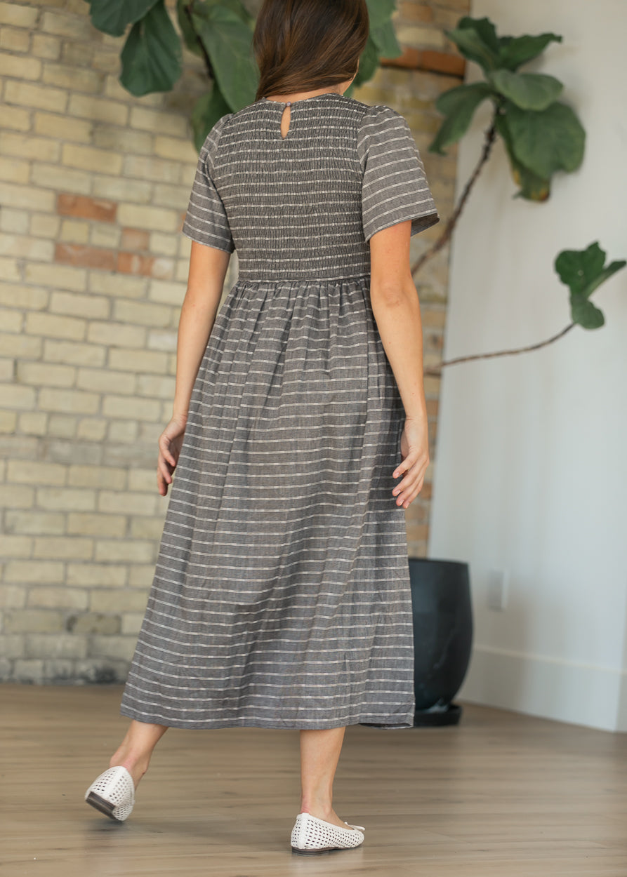 Heather Gray Striped Smocked Midi Dress FF Dresses