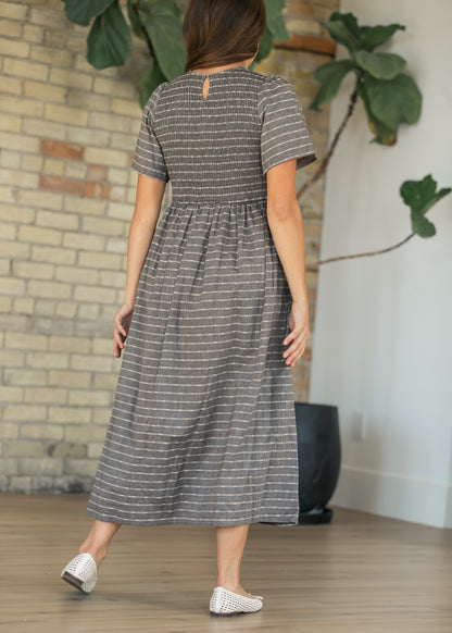 Heather Gray Striped Smocked Midi Dress FF Dresses