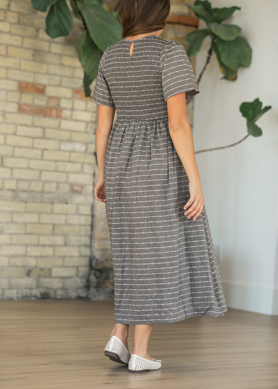 Heather Gray Striped Smocked Midi Dress FF Dresses