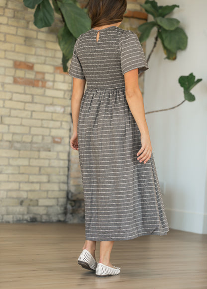 Heather Gray Striped Smocked Midi Dress FF Dresses