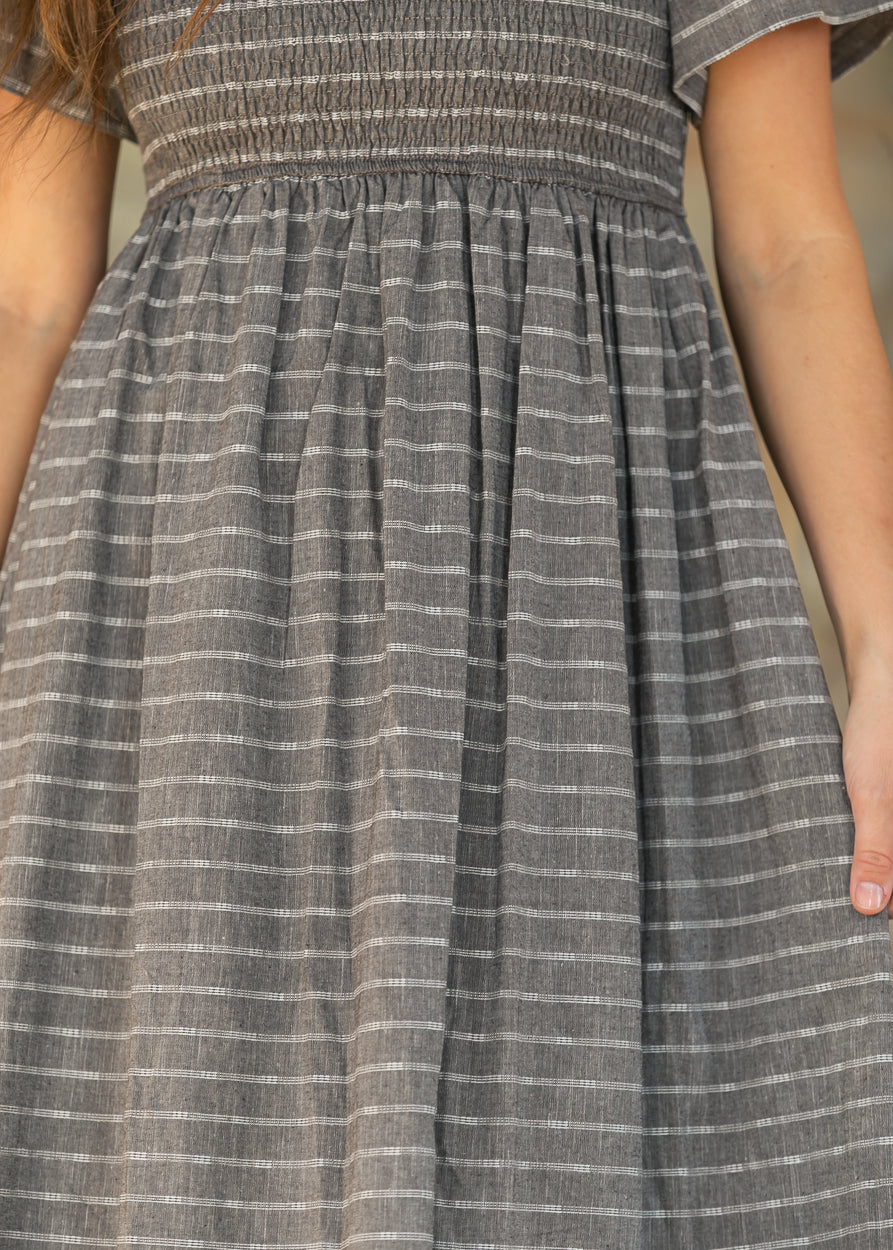 Heather Gray Striped Smocked Midi Dress FF Dresses