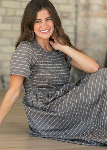 Heather Gray Striped Smocked Midi Dress FF Dresses