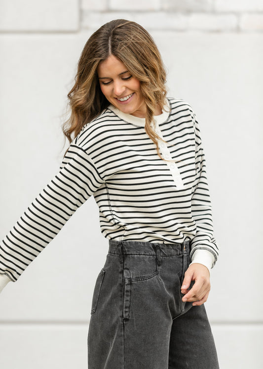Henley Stripe Snap Knit Top FF Tops
