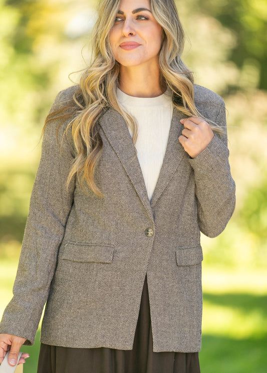 Herringbone Single Button Blazer FF Layering Essentials