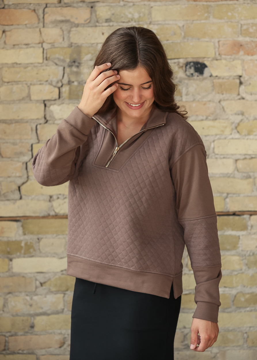 High Neck Quilted Half Zip Pullover Sweatshirt FF Tops