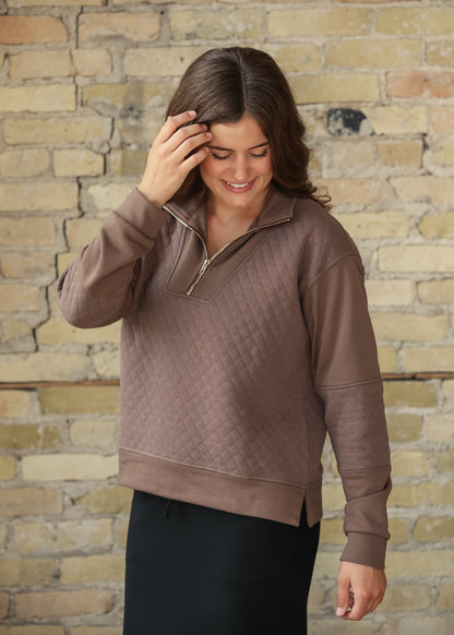 High Neck Quilted Half Zip Pullover Sweatshirt FF Tops
