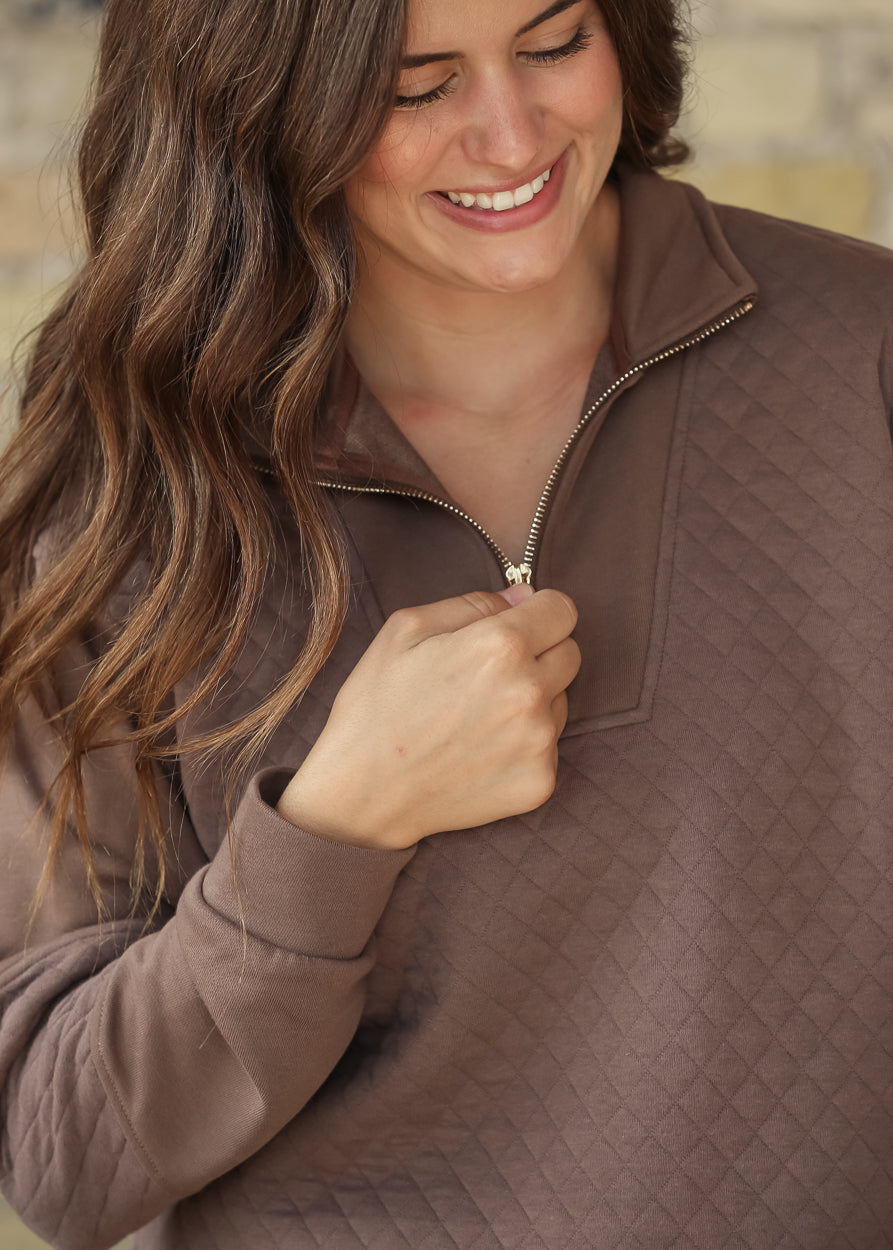 High Neck Quilted Half Zip Pullover Sweatshirt FF Tops