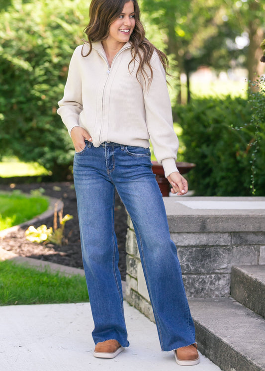 High Rise Clean Cut Raw Hem Wide Jeans FF Pants