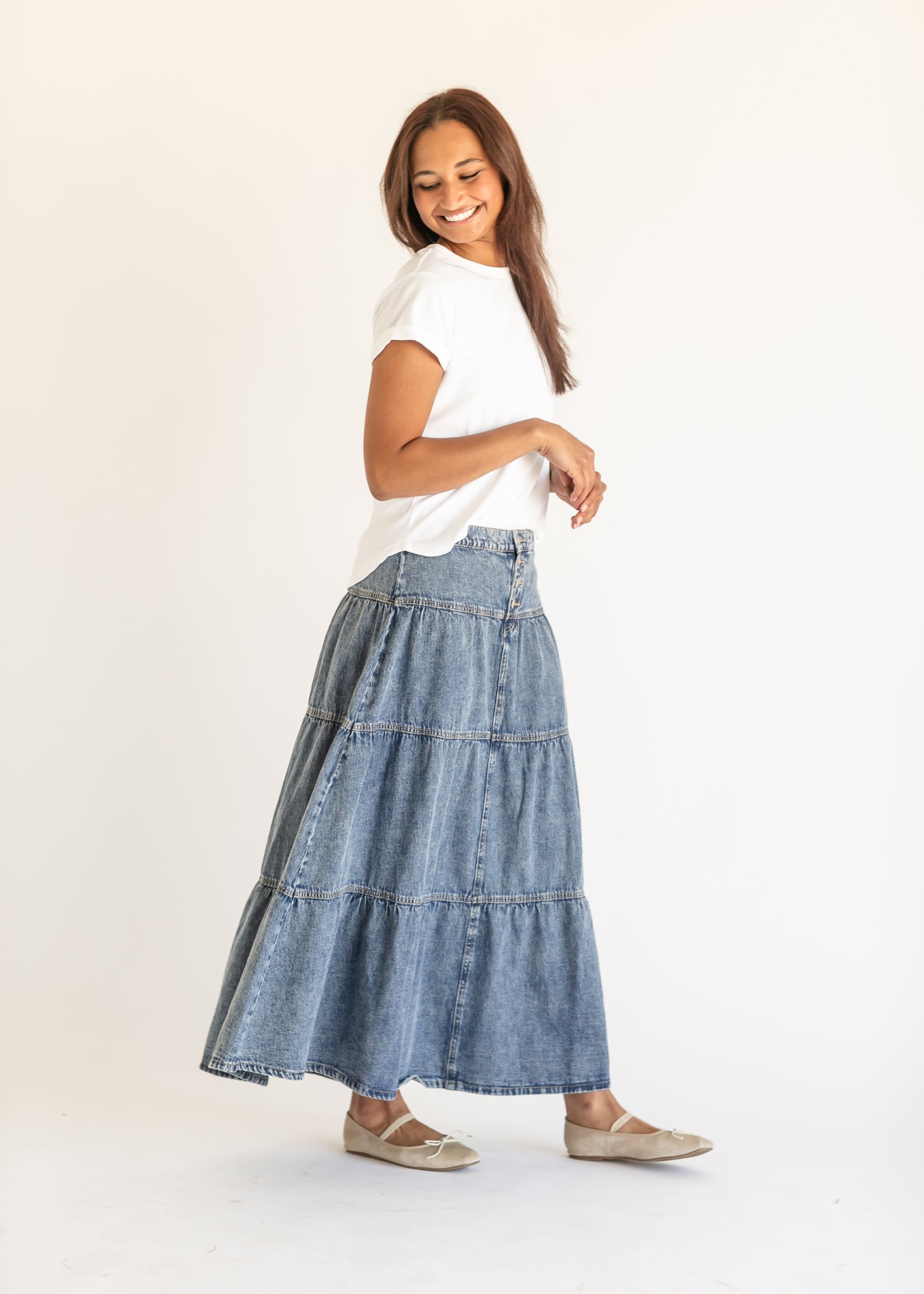 High Rise Ruffle Maxi Denim Skirt - FINAL SALE Inherit Co. High Rise Ruffle Maxi Denim Skirt - FINAL SALE Inherit Co.