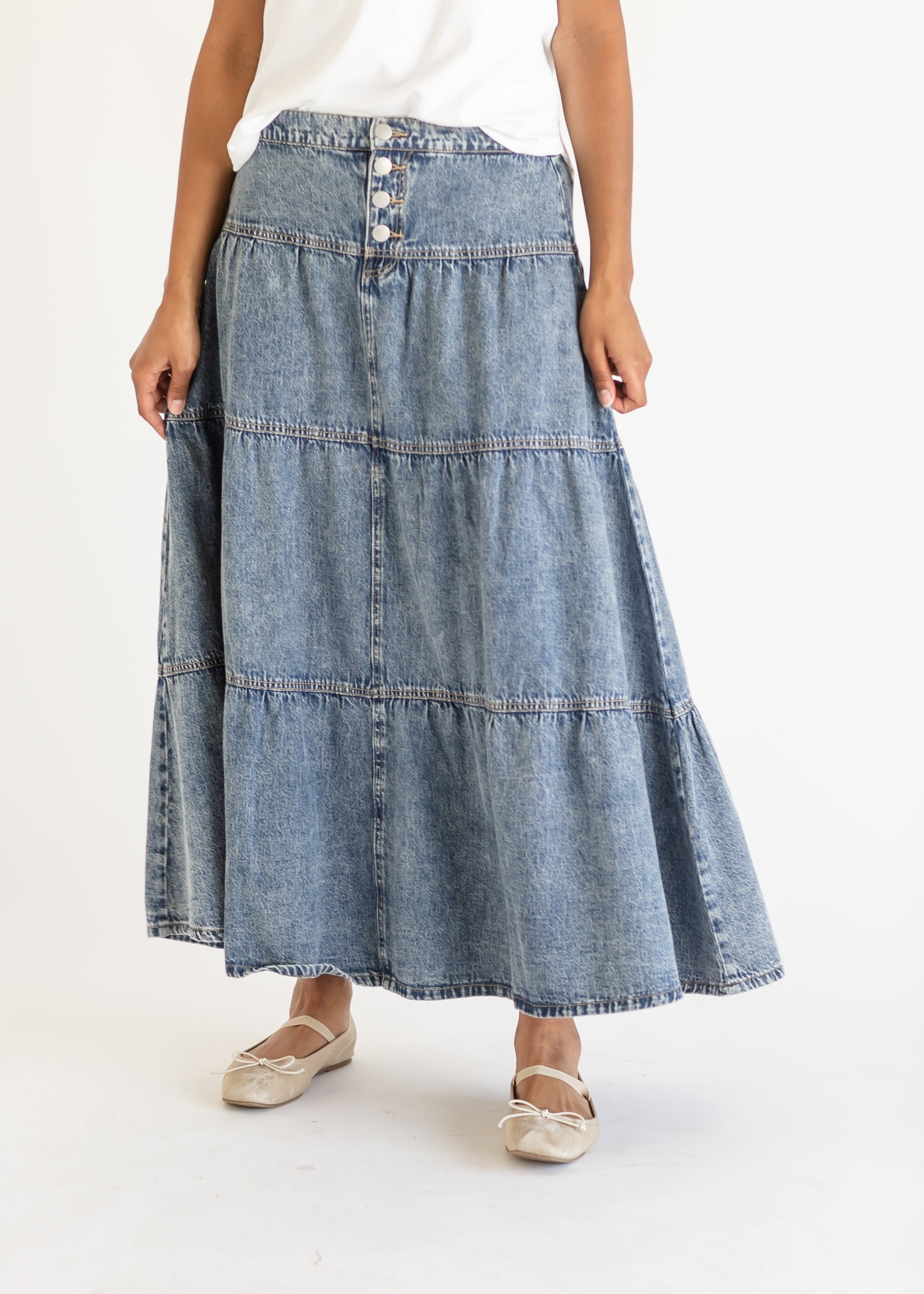 ebossy Dames Mid Rise Distressed Maxi Denim Rok Ruffle Swing ebossy Dames Mid Rise Distressed Maxi Denim Rok Ruffle Swing