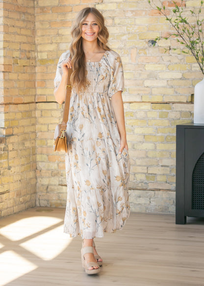 Indy Ivory Floral Smocked Midi Dress FF Dresses