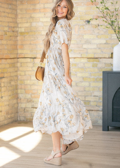 Indy Ivory Floral Smocked Midi Dress FF Dresses