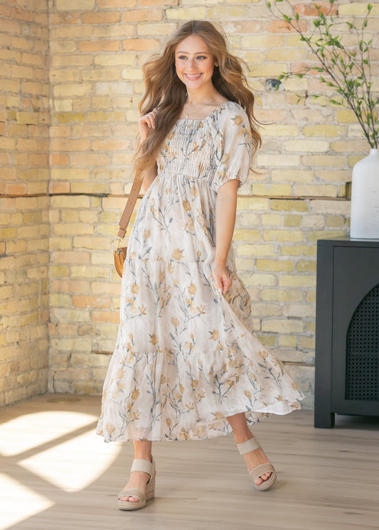 Indy Ivory Floral Smocked Midi Dress FF Dresses