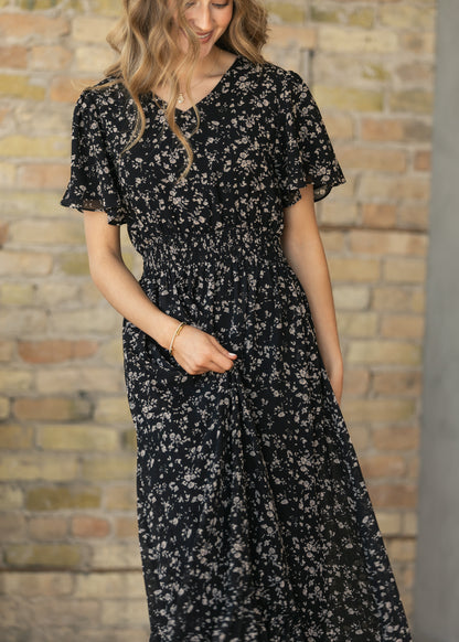 Isabella Black Floral Flutter Sleeve Maxi Dress IC Dresses