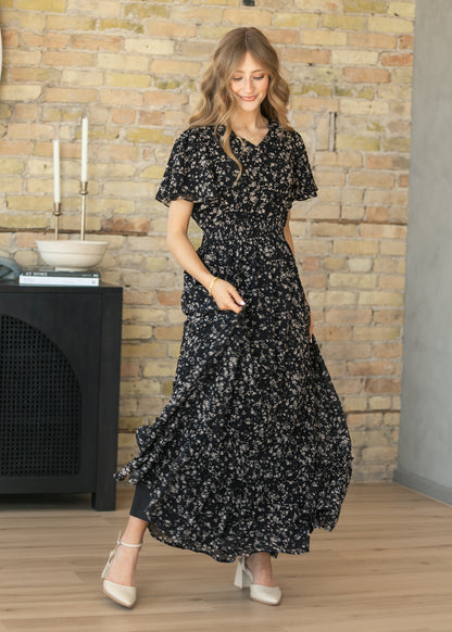 Isabella Black Floral Flutter Sleeve Maxi Dress IC Dresses